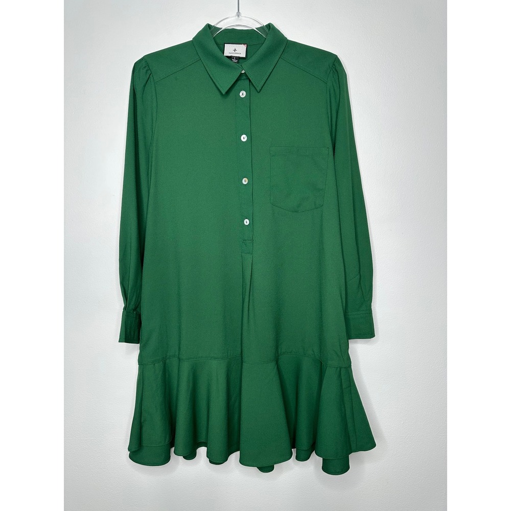 Tuckernuck Callahan Shirt Dress Womens Size L Green Crepe Ruffle Hem Long Sleeve